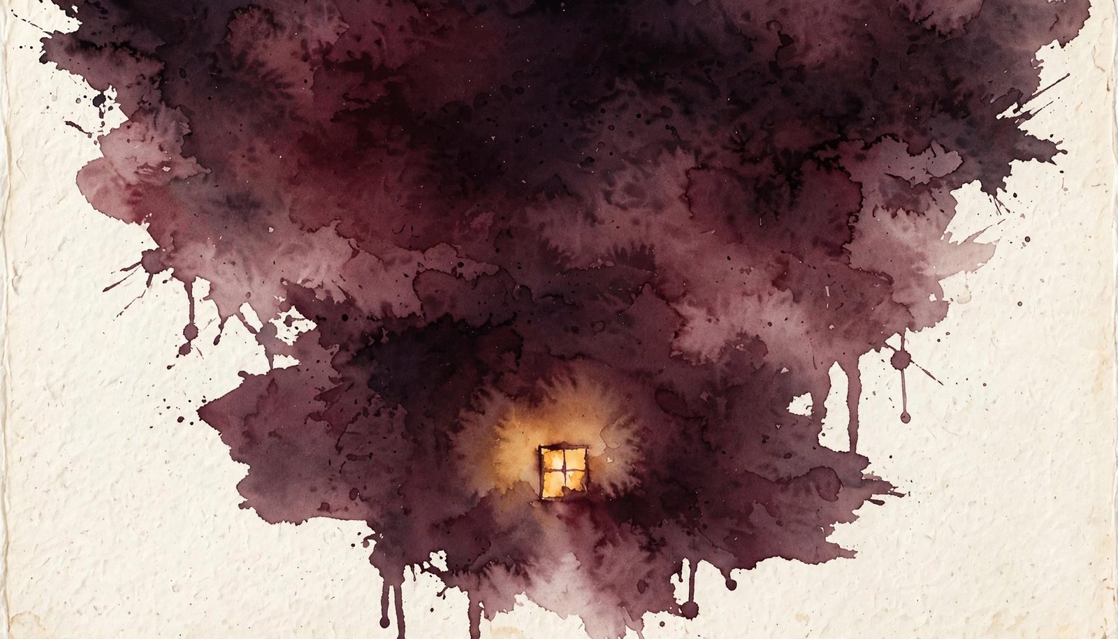 A lit window glowing in a dark maroon night