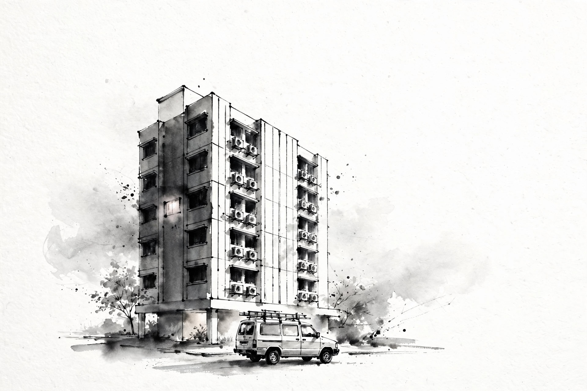Ink illustration of a service van below a Singapore HDB block with aircon condensers
