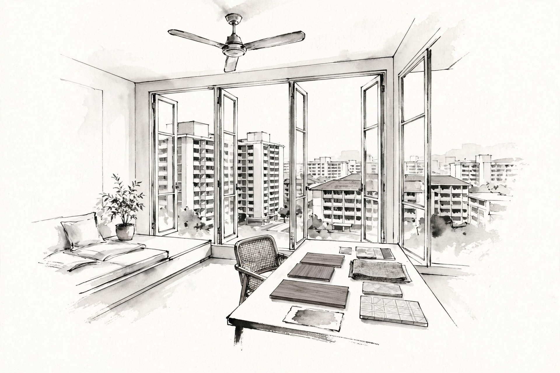 Ink illustration of a renovated Singapore HDB living room