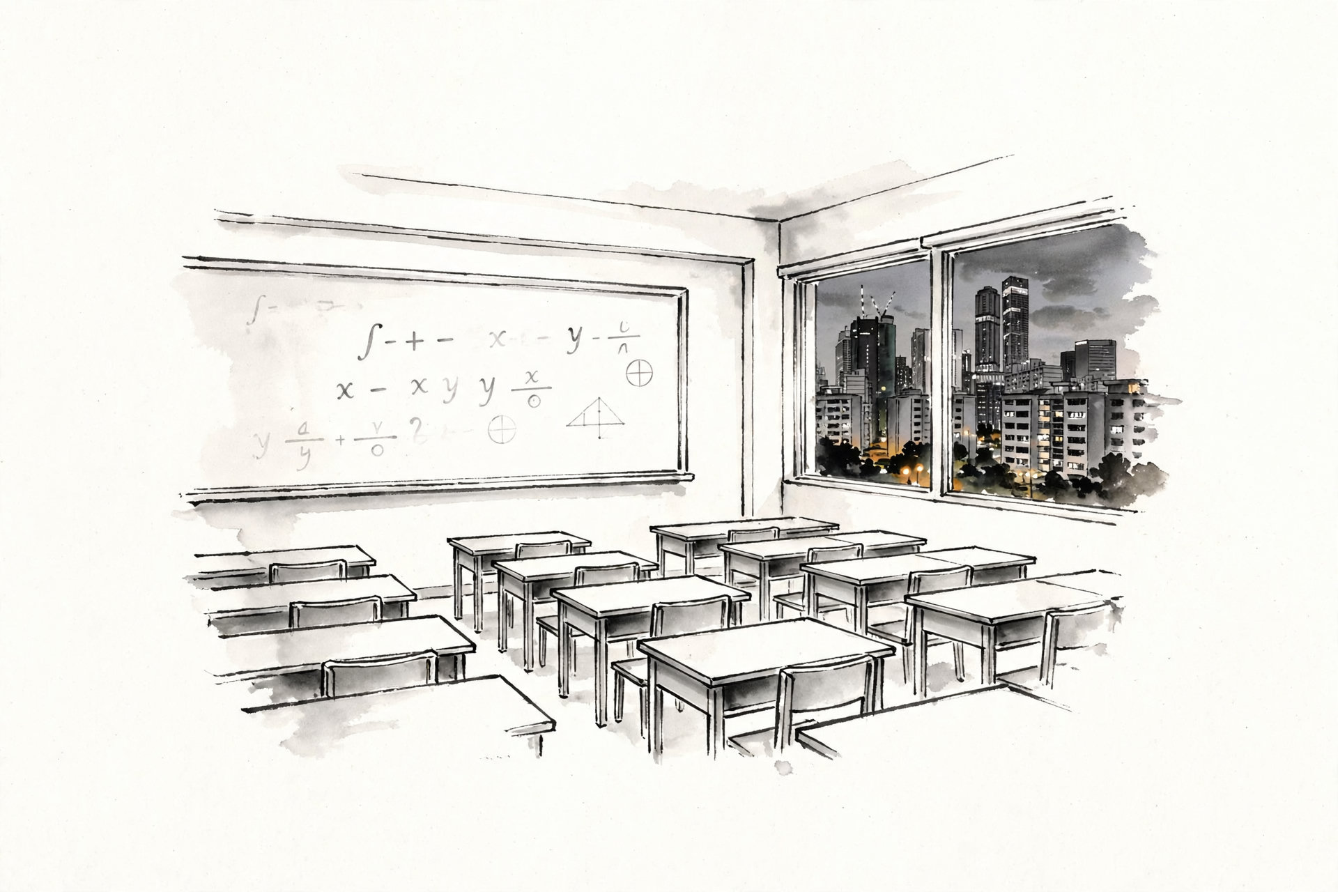 Ink illustration of a Singapore tuition centre classroom in the evening