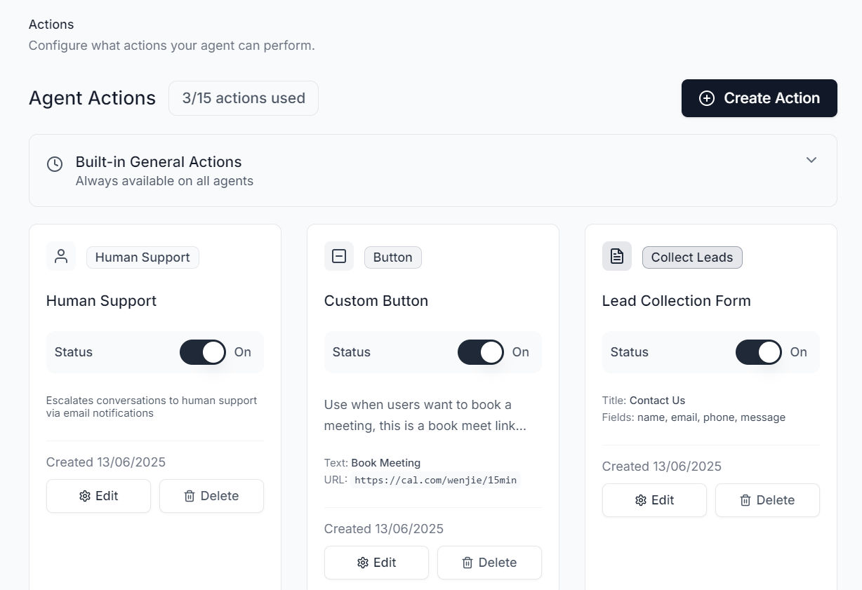 Created Actions Dashboard